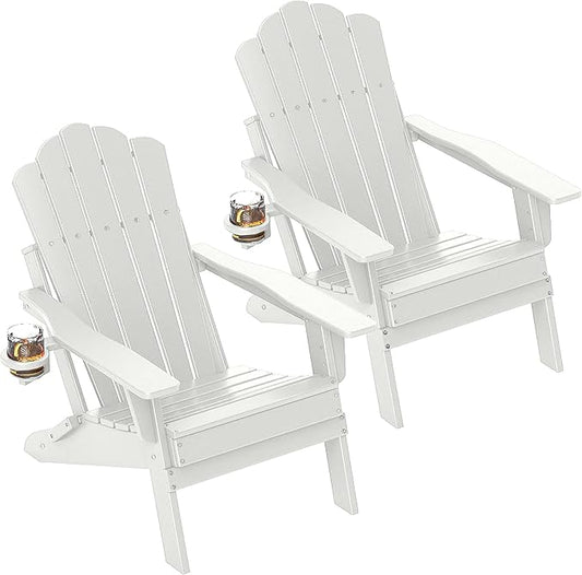 FOOWIN Adirondack Chair Set of 2, Folding Adirondack Chair with Cup Holder, HDPE All-Weather Fire Pit Chair for Patio, Garden, Backyard, Poolside, White