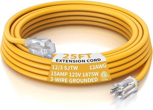 PLUGTUL 12 Gauge Extension Cord 25 Ft, Heavy Duty Outdoor Extension Cord Waterproof Lighted End SJTW, 3 Prong Grounded Plug for Safety, 15A 1875W, ETL Listed, Great for Garden and Home, Yellow