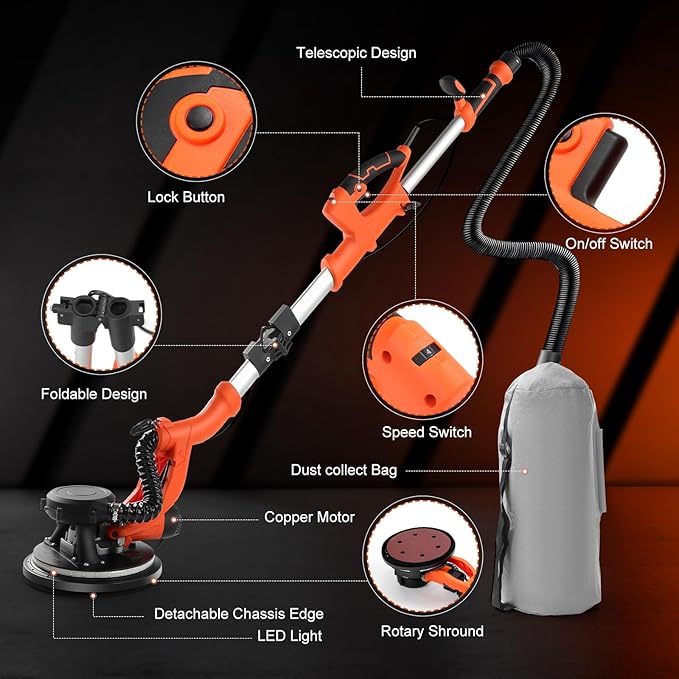 Electric Drywall Sander with Vacuum Dust Collector,1000W 8-Amp Popcorn Ceiling Removal Tool Vacuum, Floor sander with 5 Variable Speed 1000-2100RPM, Extendable Handle,LED Light