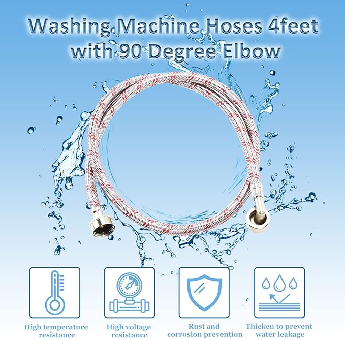 【UPGRADE】4FT Washing Machine Hoses with 90 Degree Elbow Premium Stainless Steel Burst Proof (cost-effective 2 pack) Red and Blue Striped Water Connection Inlet Supply Lines by Cenipar