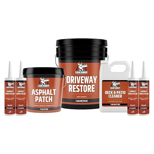 Liquid Rubber Driveway Restore Sealant - Highly Flexible Asphalt Coating Fills Cracks and Revitalize, Kit- Includes 5 Gallon Sealer, 1 Gallon Asphalt Patch, 4 x Crack Filler 10.2 oz, Patio Cleaner 1G