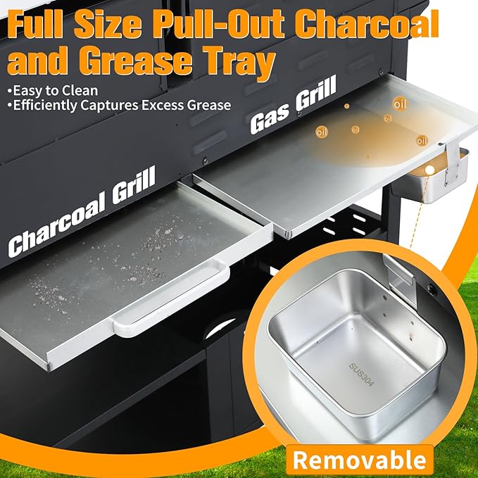 CIG GARDEN 3 Burner Propane Gas and Charcoal Grill Combo with Side Burner,Dual Fuel BBQ Grill with Cast Iron Griddle,41,500 BTU Output Perfect for Outdoor Cooking, Balcony, Backyard,Camping