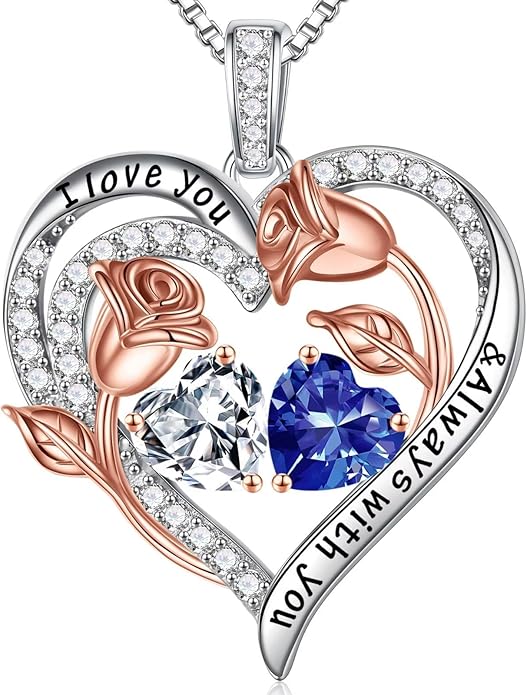 Iefil Christmas Gifts for Women Wife - 925 Sterling Silver Rose Heart Birthstone Necklace Birthday Anniversary Jewelry Gifts for Her Wife Mom Daughter