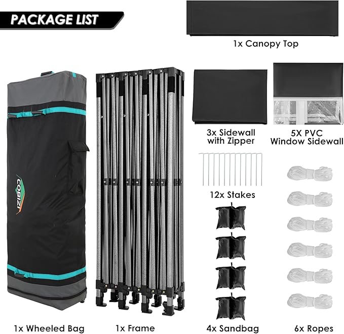 COBIZI 10x30 Heavy Duty Pop up Canopy with 8 sidewalls Stable Wedding Outdoor Tents for Parties Canopy Pop Up Party Tent UPF 50+ Waterproof Commercial Gazebo with Roller Bag, Black(Windproof Upgraded)
