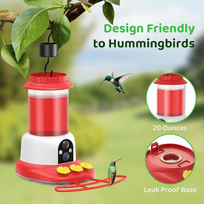 SEHMUA Smart Hummingbird Feeder with Camera, Solar Powered Bird Cam with 1 Year Trial AI Identify, Ant Moat & Bee Proof, Outdoor Hanging, Gift for Bird Watching