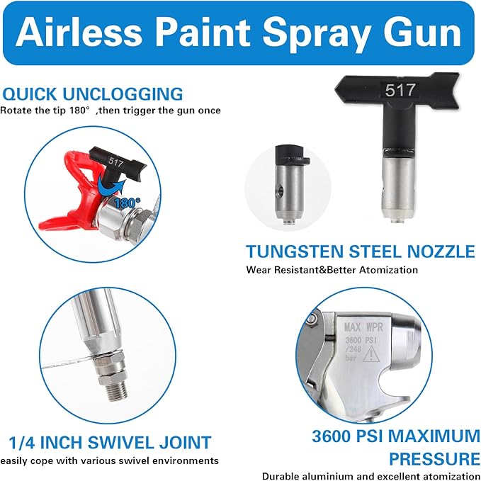 DUSICHIN Airless Paint Spray Gun 3600 PSI Swivel Joint for Graco Titan Airless Paint Sprayers Reversible 517 Nozzle Tip and Tip Guard 10 inches Extension Pole DUSG90