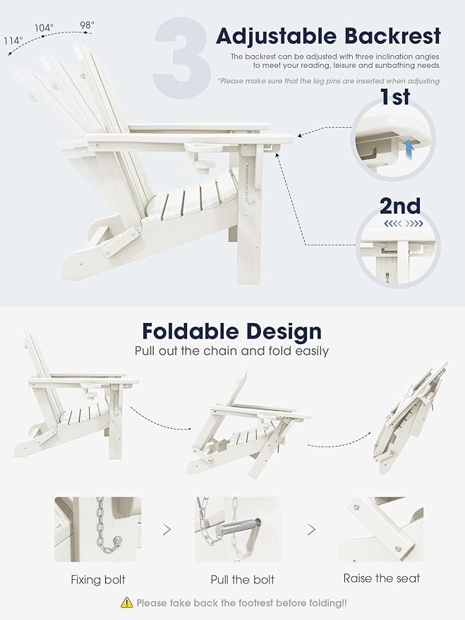 KINGYES Folding Adjustable Adirondack Chair with Ottoman & 2 Cup Holders Set of 2, HDEP Multifunctional Adirondack Chair with Footrest, White