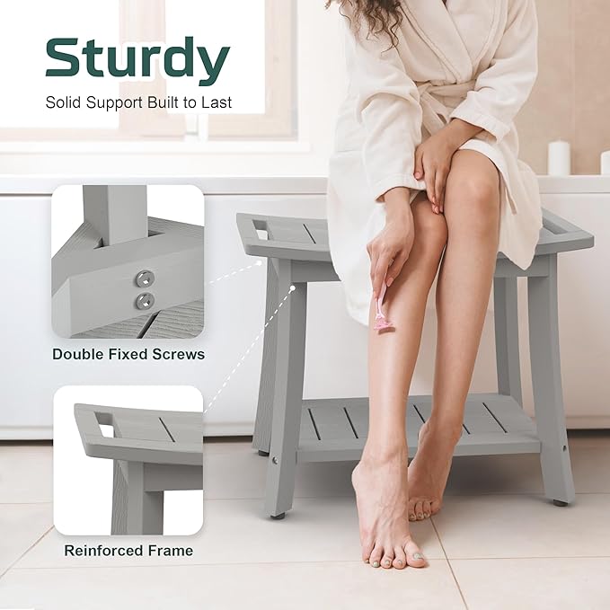 HIPS Shower Benches for Inside Shower, Waterproof Shower Stool with Storage Shelf & Adjustable Feet, SPA Bathroom Seat Chair for Shaving Legs, Indoor or Outdoor Use, Grey