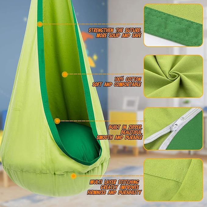 Y- STOP Kids Pod Swing Seat, Hanging Hammock Chair Swing with Inflatable Pillow, Sensory Swing Chair with Pocket for Outdoor and Indoor (Green)
