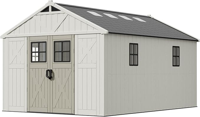 Patiowell 10 x 14 FT Outdoor Storage Shed, Plastic Shed with Floor and Skylight, Resin Storage Shed with Four-Window and Lockable Door for Garden, Patio, Backyard, Beige