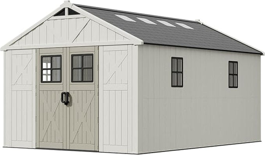 Patiowell 10 x 14 FT Outdoor Storage Shed, Plastic Shed with Floor and Skylight, Resin Storage Shed with Four-Window and Lockable Door for Garden, Patio, Backyard, Beige