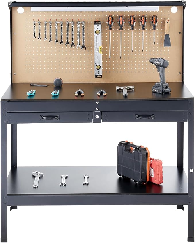VEVOR Hardwood Workbench, 242.5 lbs Weight Capacity, 47.2-inch Heavy Duty Workbench with Pegboard, 4 AC Outlets & 2 USB Ports, 1.5m Cable & 30 Hooks, Garage Work Bench with Drawer for Workshop