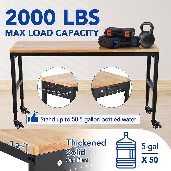 72"x25" Garage Workbench - 2000LB Capacity Work Bench with Rubberwood Top, Locking Wheels & Power Outlets, 27.8"-39.5" Height, Heavy-Duty Adjustable Workbench for Workshop/Home DIY