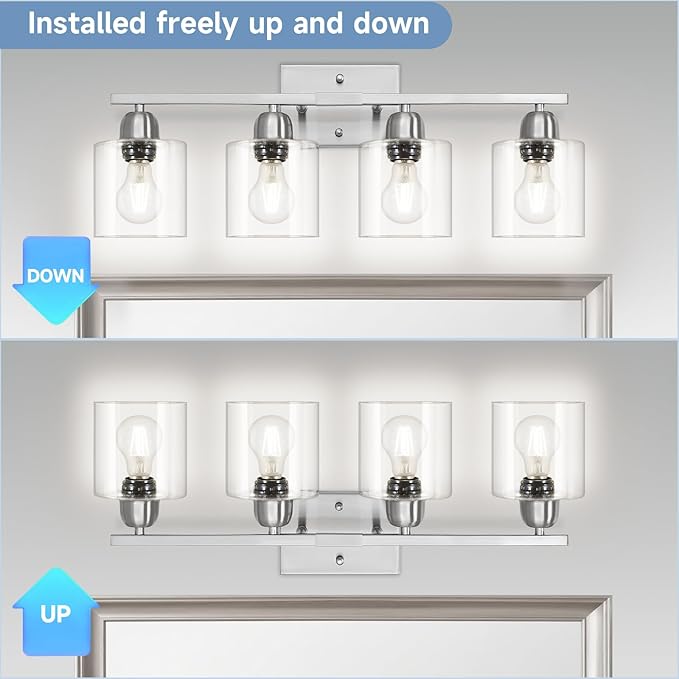 Modern Brushed Nickel 4 Light Bathroom Light Fixtures, 24 inch Vanity Lights for Bathroom with Clear Glass, Vanity Light for Mirror Kitchen Living Room Hallway Cabinet Porch