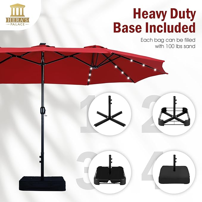 HERA'S PALACE 15ft Patio Umbrella with Base Included Double Sided Outdoor Umbrella for Patio Table Umbrella Outdoor 36 LED Solar Lights for Garden