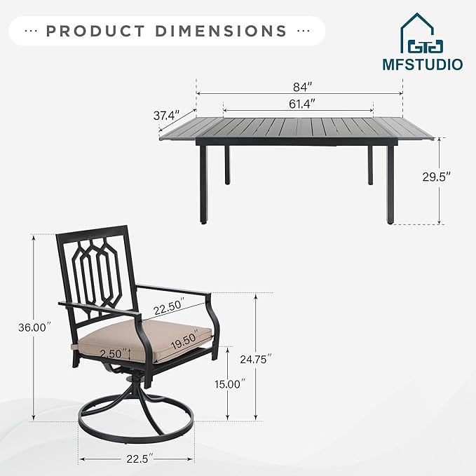 MFSTUDIO Patio Table and Chairs Set, Patio Dining Set for 8 Persons, 9 Piece Outdoor Dining Set with Swivel Chairs, Metal Outdoor Patio Furniture Set for Deck Backyard Poolside Garden