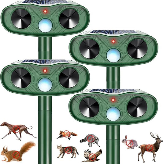 2025 Solar Ultrasonic Animal Repellent Sonic Fortress Pro Raccoon Repellent Cat Repeller Deer Deterrent with Motion Sensor to Keep Squirrel Rabbit Dog Skunk Out of Garden Yard(4Pack)