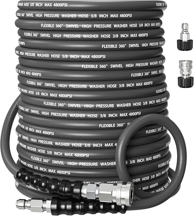 Kink-Resistant 3/8" Pressure Washer Hose 4800PSI(150FT),Steel Wire Braided Wear Resistant Rubber for Commercial, Industrial and Residential Use,Hot&Cold Water Hose with 3/8" Quick Connect