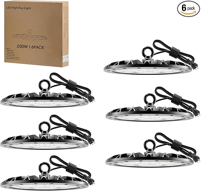 Zelvia D5 Series Led High Bay Light 6000K Daylight White LED Commercial High Bay Light Commercial High Bay Lighting with 1.2M Cable Plug Workshop Light Garage Light (6, 200W)