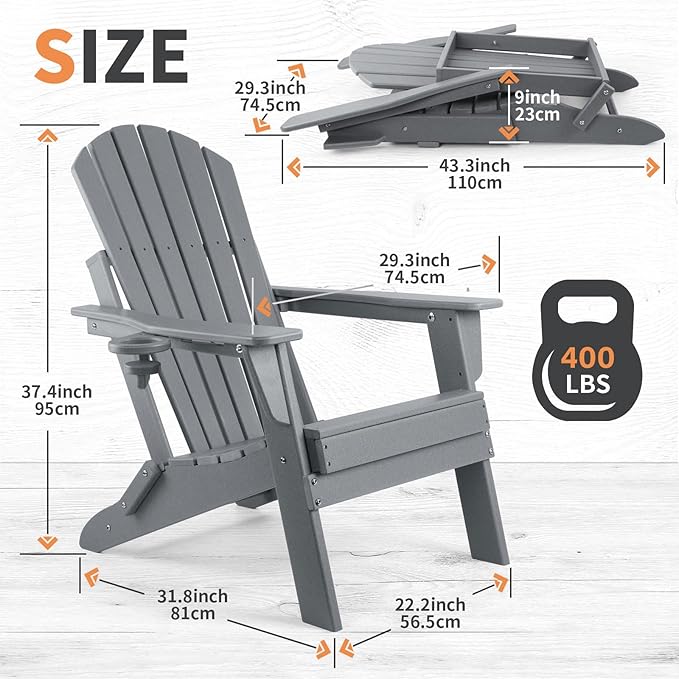 FUNBERRY Folding Adirondack Chair Set of 4, All Weather HDPE Fire Pit Chairs with Cup Holder for Outdoor