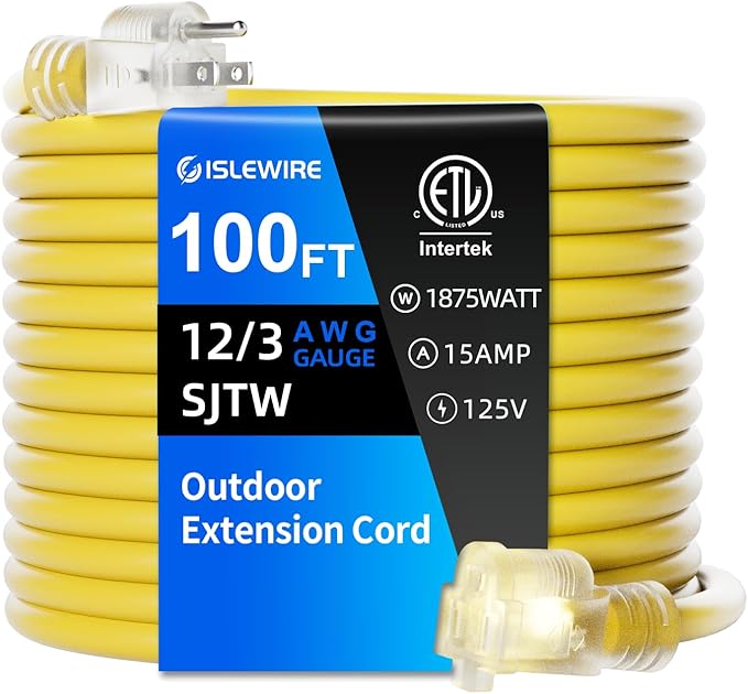 12 Gauge Outdoor Extension Cord 100 FT Waterproof, 3 Prong Plug, SJTW Heavy Duty 15A 1875W, Yellow Extension Cable with Lighted end for Commercial Use and Major Appliances, ETL Listed