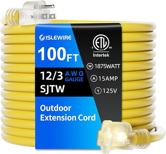 12 Gauge Outdoor Extension Cord 100 FT Waterproof, 3 Prong Plug, SJTW Heavy Duty 15A 1875W, Yellow Extension Cable with Lighted end for Commercial Use and Major Appliances, ETL Listed