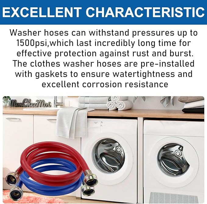 6FT Washer Water Line/Rubber Washing Machine Hoses 6FT,Universal Washing Machine Hose/Washer Water Line for Hot and Cold Water Washer Hoses (2 Packs) with 3/4" Connection Water Supply Lines-by MIFLUS