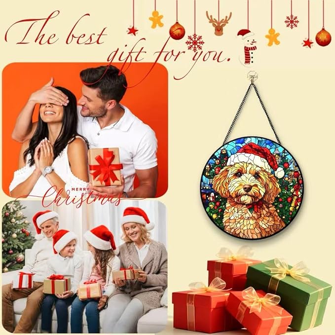 Stained Glass Window Hanging - Christmas Tree and A Dog Wearing a Xmas Hat Suncatcher fof Garden Home Decor for Women Mon Grandma Friends
