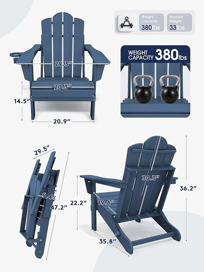 KINGYES Adjustable Folding Adirondack Chair Set of 4, 3-Position Reclining Adirondack Chairs with Cup Holder, HDPE All-Weather Oversized Adirondack for Outdoor, Patio, Backyard Deck, Fire Pit, Blue