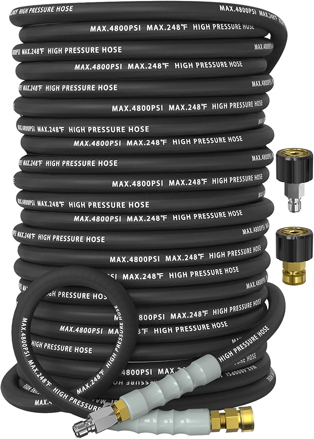 3/8" Pressure Washer Hose 200FT 4800 PSI, Kink Resistant Steel Braided Layer & NonMarking Rubber for Hot/Cold Water, High Power Washer Hose With 3/8 Inch Quick Connect & M22 Fitting, Black
