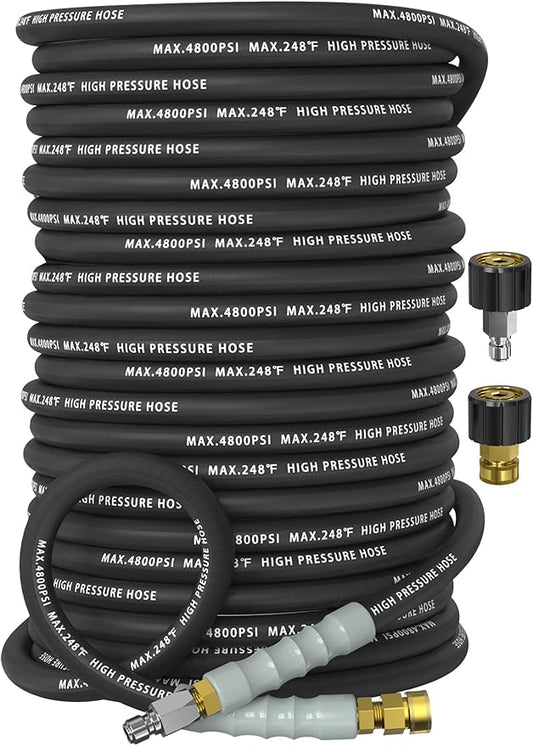 3/8" Pressure Washer Hose 200FT 4800 PSI, Kink Resistant Steel Braided Layer & NonMarking Rubber for Hot/Cold Water, High Power Washer Hose With 3/8 Inch Quick Connect & M22 Fitting, Black