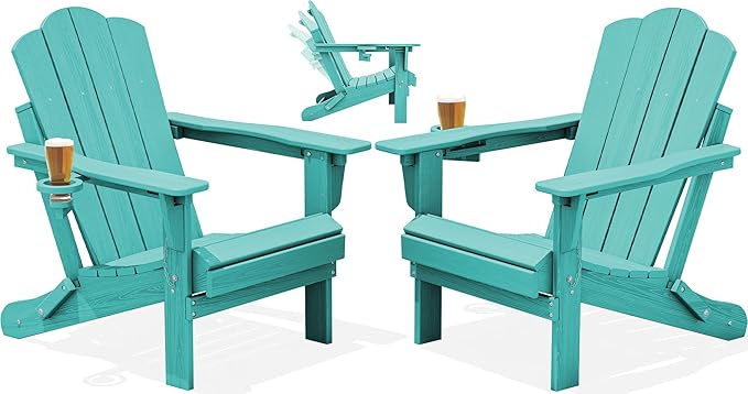 KINGYES Adjustable Folding Adirondack Chair Set of 2, 3-Position Reclining Adirondack Chairs with Cup Holder, HDPE All-Weather Oversized Adirondack for Outdoor, Patio, Deck, Fire Pit, Aruba Blue