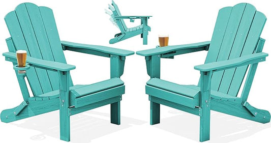 KINGYES Adjustable Folding Adirondack Chair Set of 2, 3-Position Reclining Adirondack Chairs with Cup Holder, HDPE All-Weather Oversized Adirondack for Outdoor, Patio, Deck, Fire Pit, Aruba Blue