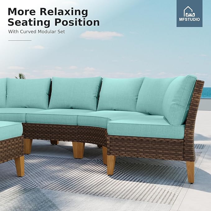 MFSTUDIO 8 Pieces Extra Large Wicker Patio Furniture Set, Rattan Half-Moon Sectional Sofa Outdoor Conversation Set, 2 x Curved Sofa, 2 x Armless Couch, 2 x Ottoman, 2 x Corner Chair(Aqua Blue Cushion)
