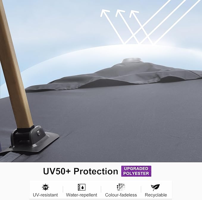 PURPLE LEAF 10FT Patio Umbrella With Base Square Cantilever Umbrella Teak Finished Aluminum Frame Large Windproof Offset Outdoor Sun Umbrellas for Beach Pool Deck, Grey