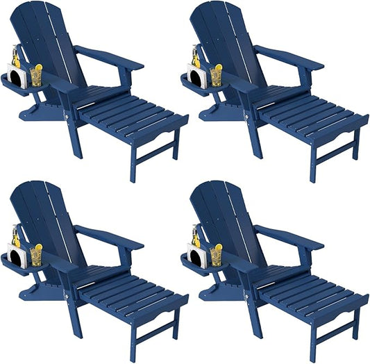 Adjustable Adirondack Chair with Retractable Ottoman Set of 4, HDPE Folding Adirondack Chair with Cup Holder, All Weather Fire Pit Chair for Outdoor.