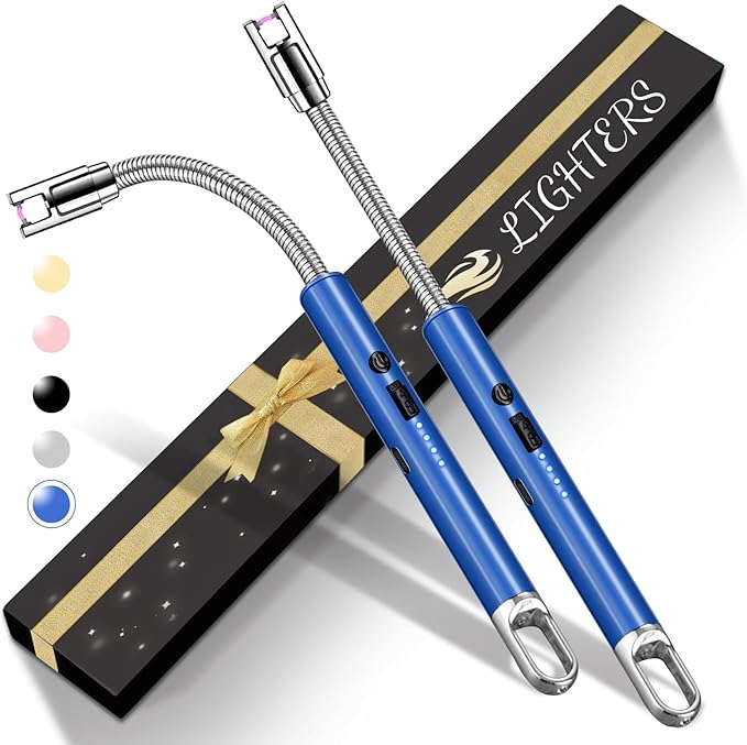2 PCS Electric Lighter, Candle Lighter Arc Windproof Flame-Less with 360° Flexible Neck & LED Power Display, Type-C Rechargeable for BBQ, Grill, Camping, Fireplace, Stove