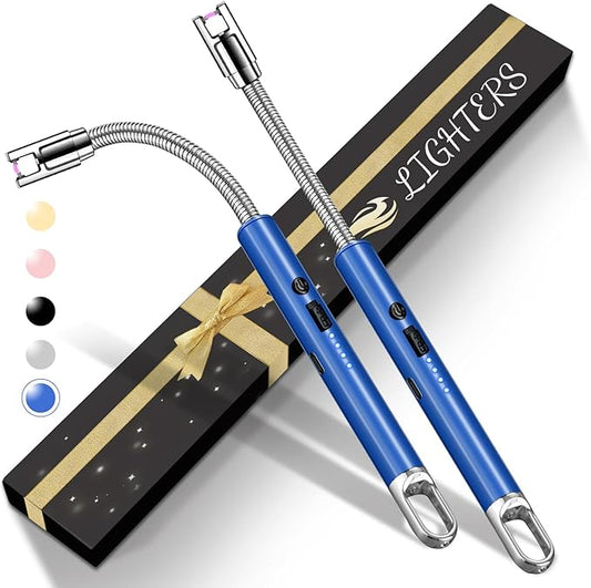 2 PCS Electric Lighter, Candle Lighter Arc Windproof Flame-Less with 360° Flexible Neck & LED Power Display, Type-C Rechargeable for BBQ, Grill, Camping, Fireplace, Stove