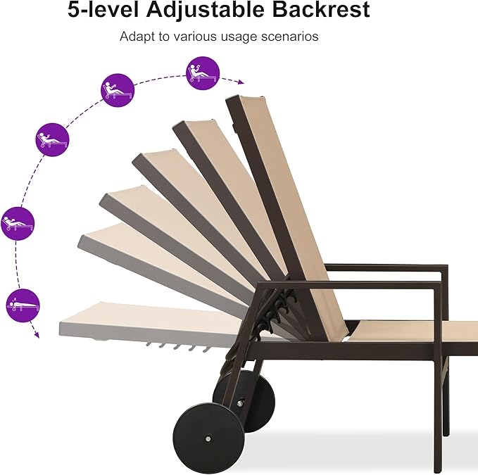 PURPLE LEAF Pool Lounge Chairs Set of 3 Aluminum Outdoor Lounge Chairs with Wheels and Armrests Adjustable Patio for Deck Outside Lawn Garden, Taupe