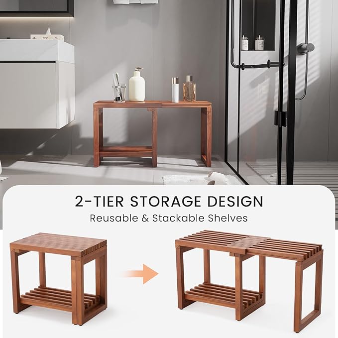 EROMMY Adjustable Length 29 Inches Shower Stool for Inside Shower, Waterproof Bench with Storage Shelf, Teak Shower Bench for Sitting, Shelving Legs, Spa Use, Shower Chair for Adults Seniors Elderly