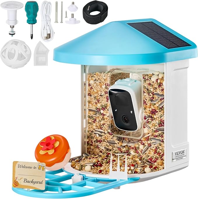 VEVOR Smart Bird Feeder with Camera, Solar Powered Wireless Camera Bird Feeder with 2 Solar Panels, Live Video, AI Identify, Auto Detect & Instant Notify, and 2K Full HD, Ideal Gift for Bird Lover