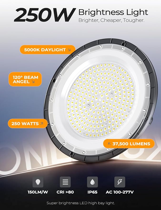 UFO LED High Bay Lights 10 Pack 250W, 37500LM 5000K Daylight, IP65 Waterproof Led Shop Lights for Warehouse Workshop Factory Gym Garage Livestock Barn