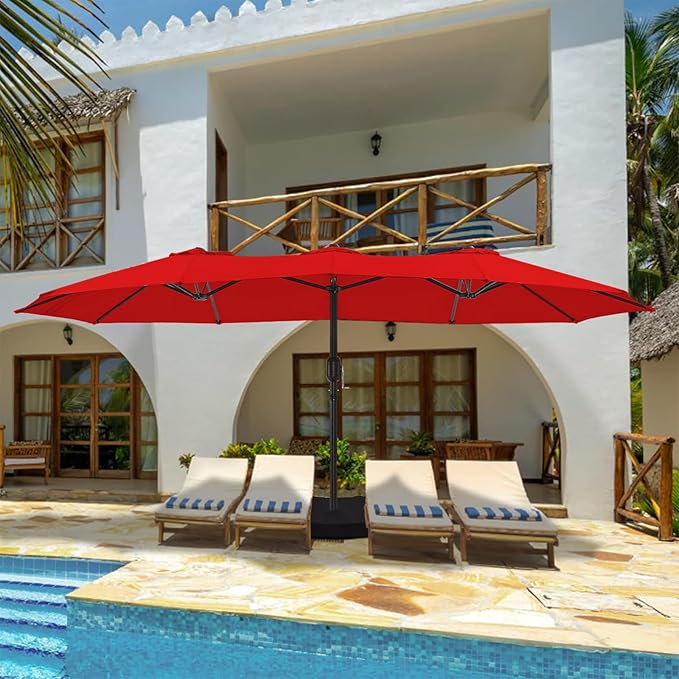 wikiwiki 15ft Large Patio Umbrellas with Base Included, Outdoor Double-Sided Umbrella with Crank Handle, Powerful UV Protective, for Pool Lawn Garden, Red