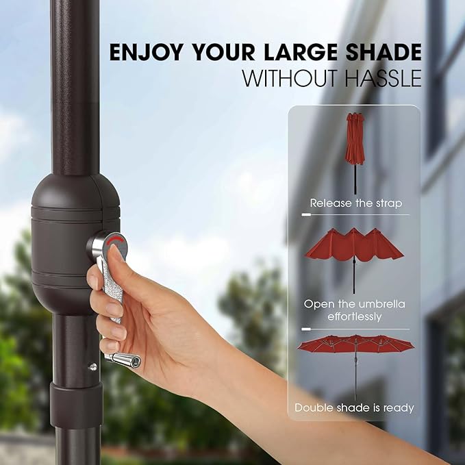 wikiwiki 15ft Large Patio Umbrellas with Base Included, Outdoor Double-Sided Umbrella with Crank Handle, Powerful UV Protective, for Pool Lawn Garden, Red