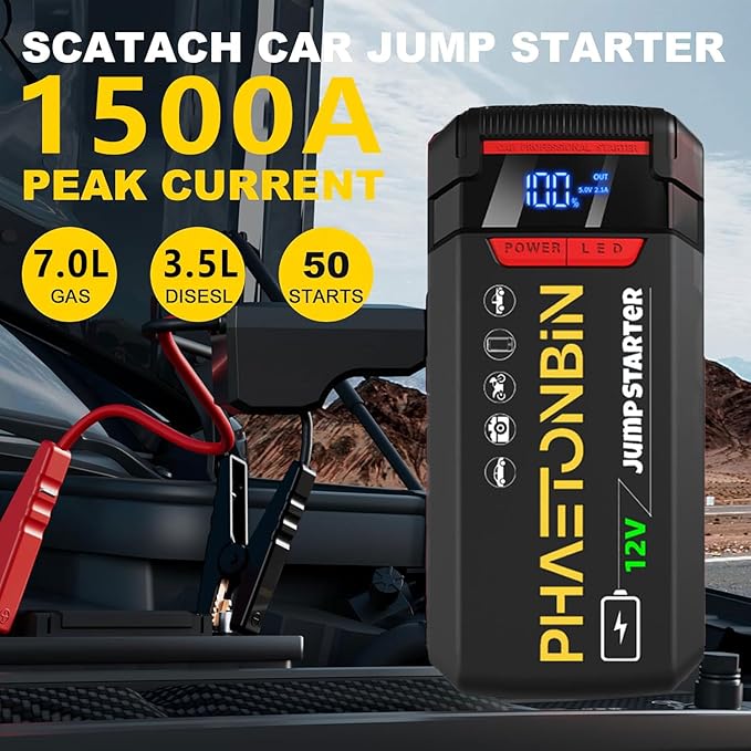 1500A Jump Starter for 7.0L Gas/3.5L Diesel Engine, 12V Car Battery Charger Portable with Jumper Cables,LED Display, LED Light, Power Bank with USB, Type C Port