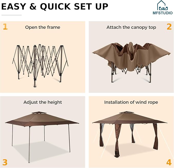 MFSTUDIO 13X13 Outdoor Pop Up Canopy Outdoor Canopy Tent, Easy Set-up Straight Leg Folding Instant Shelter for Beach,Party and Camping, 169 Sq. Ft of Shade, Brown