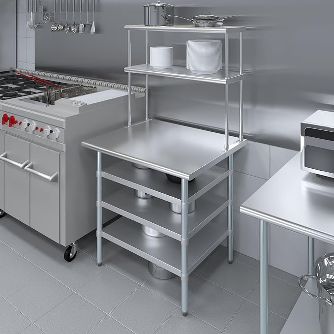 Amgood 30" x 36" Stainless Steel Work Table with 3 Shelves and 12" Wide Double Tier Overshelf | Metal Kitchen Prep Table & Shelving Combo | NSF