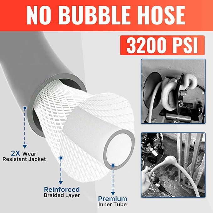 YAMATIC Super Flexible Pressure Washer Hose 25FT for Power Washer Replacement, Kink Resistant Extension With Leak-Free M22 Female & 3/8" Quick Connect Adapters, 1/4" 3200 PSI, Grey