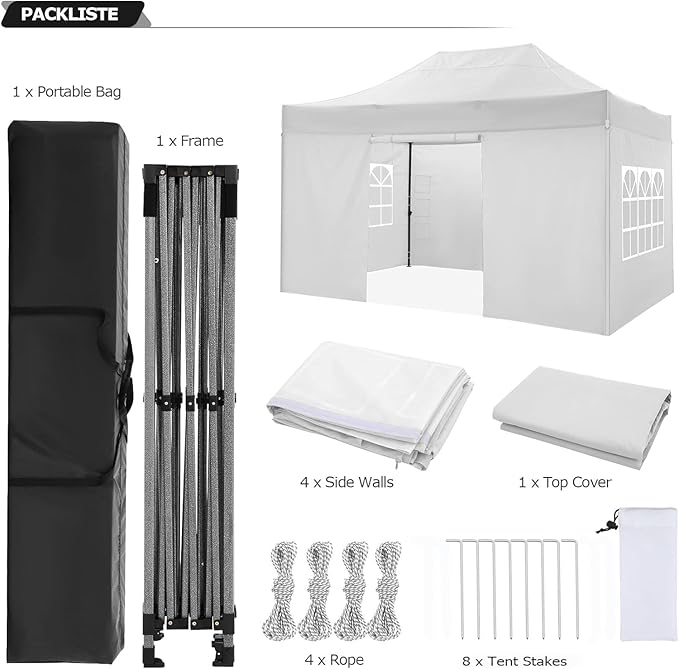 COBIZI 10x15 Pop up Canopy Heavy Duty with 4 Sidewalls, Easy Set-up Commercial Outdoor Party Canopy, 100% Waterproof Wedding Gazebo, 3 Height Adjustable with Handbag, White