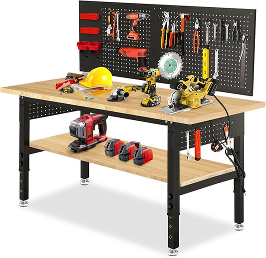 Adjustable Height Work Bench 60×22 Workbench for Garage with Under Table Shelf Heavy Duty Rubber Wood Work Table for Shop Woodworking, Office, Home, Commercial